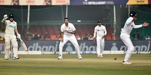 Indian bowler Ravichandran Ashwin reacts during the first test cricket match against New Zealand, at Green Park stadium in Kanpur, Monday, Nov. 29, 2021. (Photo | AP)