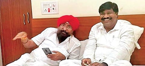 Independent candidate Ravinder Singh, left, with another TRS rebel candidate Sarabudla Prabhakar Reddy at a private hotel in Karimnagar on Nov 27, 2021.