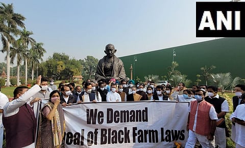 Congress Interim President Sonia Gandhi leads party's protest demanding repeal of Centre's three farm laws. (Photo | ANI)
