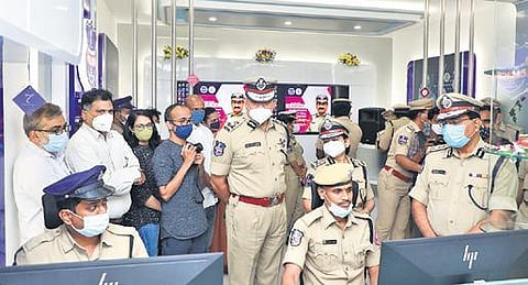 Telangana DGP Mahender Reddy along with Hyderabad Police Commissioner Anjani Kumar and ADG, Women Safety Wing, Swati Lakra at the inauguration of SHE Cyber Lab on Tuesday