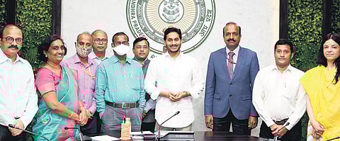 Chief Minister YS Jagan Mohan Reddy along with the inter-ministerial Central team at his camp office in Tadepalli on Monday | Express