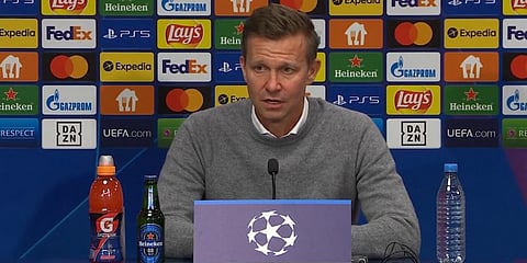 RB Leipzig coach Jesse Marsch speaking at the post-match press conference after his team's draw against Paris Saint-Germain (Photo | YouTube screengrab)