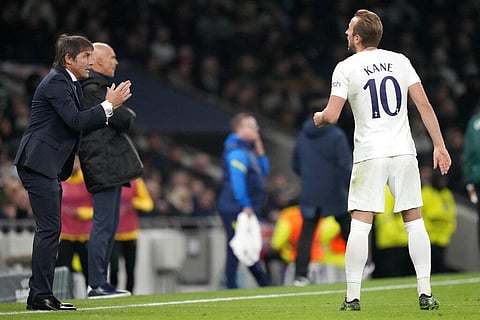 Tottenham's head coach Antonio Conte, left, talks to Harry Kane during Europa Conference League match against SBV Vitesse at Tottenham Hotspur Stadium in London, Thursday. (Photo | AP)