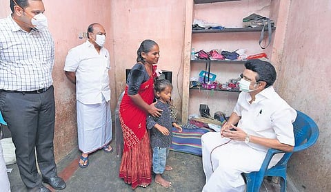 After distributing welfare assistance at Poonjeri, Stalin also visited the house of Aswini, one of the beneficiaries