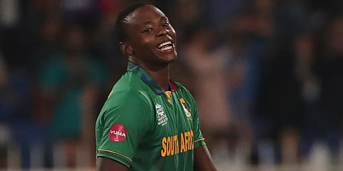 South Africa's Kagiso Rabada celebrates the dismissal of England's Chris Jordan. (Photo | AP)