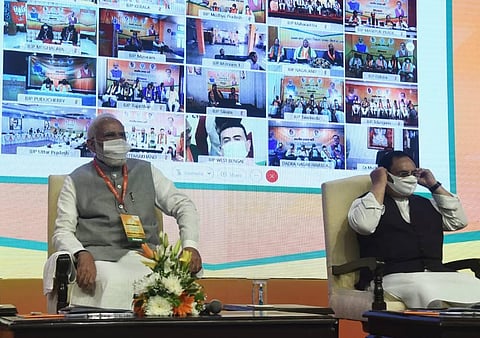 PM Modi at the NDMC Convention Centre to attend BJP's National Executive Committee meeting in New Delhi on Sunday. (Photo | Parveen Negi/EPS)