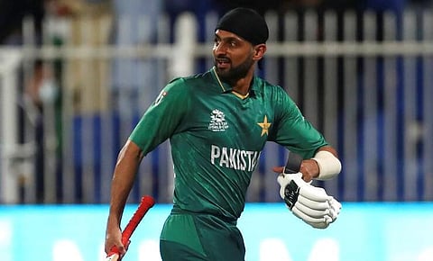 Pakistan's Shoaib Malik celebrates scoring fifty runs during the Cricket Twenty20 World Cup match between Pakistan and Scotland in Sharjah, UAE, Sunday, Nov. 7, 2021. (Photo | AP)