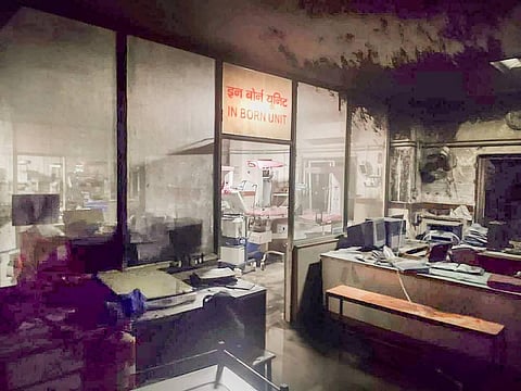 Charred equipments and furniture after a fire broke out in the Paediatric Intensive Care Unit at Government Kamal Nehru Hospital. (Photo | PTI)