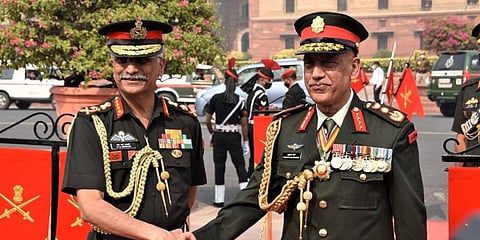 India's chief of army staff Gen MM Naravane, left, meets his Nepalese counterpart Gen Prabhu Ram Sharma in New Delhi (Photo | Twitter,