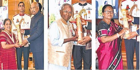 (From left) Social worker Sabarmatee, artiste Utsav Charan Das & author Damayanti Besra receiving Padma Shri awards from President Kovind at the 2020 Civil Investiture ceremony in Rashtrapa Bhavan