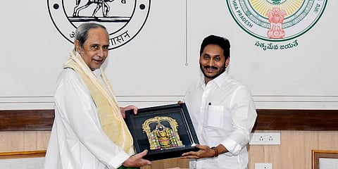 Andhra Pradesh Chief Minister Y S Jagan Mohan Reddy meets Odisha Chief Minister Naveen Patnaik at Lok Seva Bhawan, in Bhubaneswar, Tuesday, November 9, 2021. (Photo | PTI)