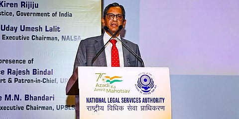 CJI N V Ramana addresses the ceremony to observe National Legal Services Day organised by National Legal Services Authority (NALSA), in Greater Noida, Tuesday, Nov. 9, 2021. (Photo | PTI)