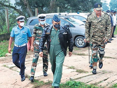 Air Chief Marshal VR Chaudhari (third from left) on the way to inspect the crash site on Thursday, Dec 9, 2021. (Photo |EPS, U Rakesh Kumar)
