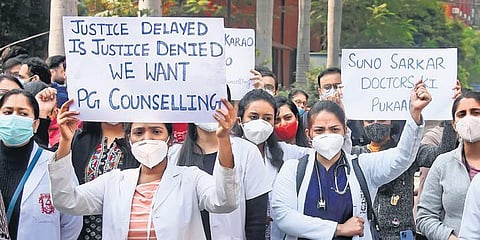 Lady Hardinge Medical College doctors protest on Thursday. (Photo | Parveen Negi)