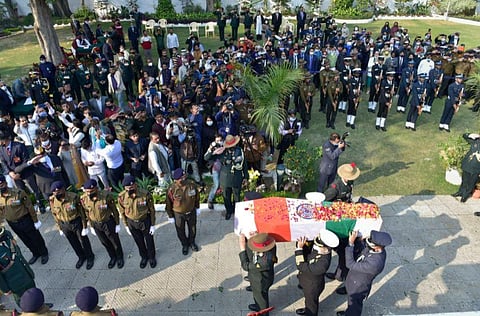 Funeral procession of late Chief of Defence Staff (CDS) Gen Bipin Rawat from his residence to Brar Sqaure in Delhi cantonment. (Photo | PTI)