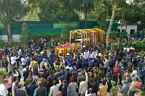 Funeral procession of late Chief of Defence Staff (CDS) Gen Bipin Rawat from his residence to Brar Square in Delhi cantonment, where he will be cremated with full military honours. (Photo | PTI)