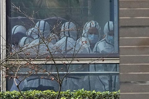 Members of a World Health Organization team are seen through a window wearing protective gear during a field visit to the Hubei Animal Disease Control and Prevention Center (Photo | AP)