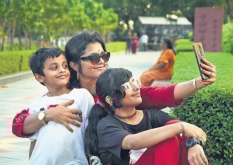 People take a selfie at the eco park in Pallikaranai on Friday. It was developed by the Forest Dept and Conservation Authority of Pallikaranai Marshland (Photo | Express, Ashwin prasath)