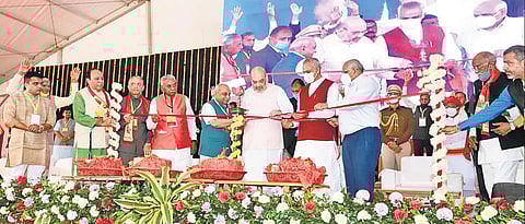 Union Home Minister Amit Shah attends the foundation stone laying ceremony of Maa Umiya Temple in Ahmedabad. (Photo | EXPRESS)