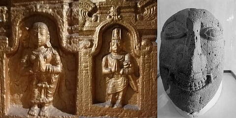 (Left, Centre) Portrait figures in the Holalkere Krishna temple in Chitradurga district in Karnataka, which are likely to be those of  Tirumalamba, Krishna Deva Raya’s daughter, and her husband Aliya