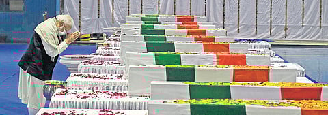 Prime Minister Narendra Modi pays tribute to Chief of Defence Staff Gen Bipin Rawat, at Palam Air Force Station. (Photo | Shekhar Yadav)