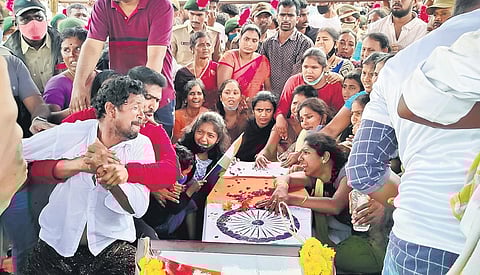 The grieving family members of the soldier, at Eguva Regada in Chittoor district on Sunday, Dec 12, 2021. (Photo | Express)