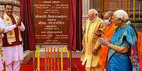 Prime Minister Narendra Modi during the inauguration of redeveloped Kashi Vishwanath corridor in Varanasi. (Photo | PTI)