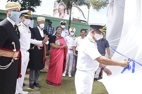 Flag Officer Commanding-in-Chief, Eastern Naval Command, Vice Admiral Biswajit Dasgupta unfurled the module of INS Shivalik at General Thimayya Museum in Madikeri (Photo | Special arrangement)