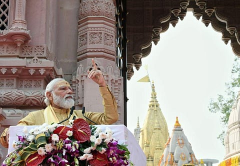 Prime Minister Narendra Modi addresses at the inauguration of the Kashi Vishwanath Dham Corridor, in Varanasi. (Photo | ANI)