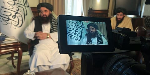 The Foreign Minister in Afghanistan's new Taliban-run Cabinet, Amir Khan Muttaqi speaks during an interview to the Associated Press in Kabul, Afghanistan. (Photo | AP)