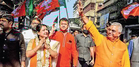 Senior BJP leader Dilip Ghosh campaigns for a party candidate in Kolkata | Pti