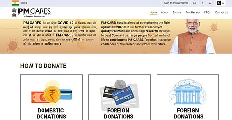 Homepage of PM Cares website