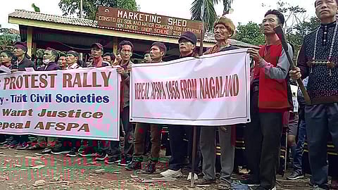 The civil societies of Tizit in Mon district of Nagaland took out a “mass protest rally” demanding the repeal of AFSPA (Photo | EPS)