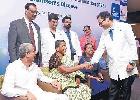 Dr Vijayashankar Paramanandam  greets a patient during the press meet on Tuesday. (Photo | R Satish Babu)
