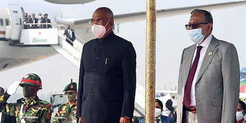 President Ram Nath Kovind receives the Guard of Honour on his arrival in Dhaka to participate in the 50th-anniversary celebrations of Bangladesh’s Liberation on Wednesday. (Photo| ANI)
