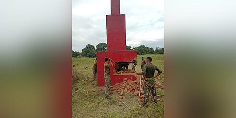 Security forces in Dantewada dismantle memorials of the outlawed CPI-Maoist.
