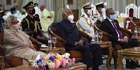 President Ram Nath Kovind attends a banquet hosted in his honour by President Abdul Hamid of Bangladesh. Bangladesh PM Sheikh Hasina can be seen, Dec 15, 2021. (Photo | Twitter, @rashtrapatibhvn)