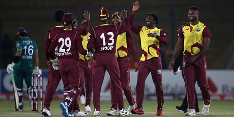 West Indies cricket team during the first Twenty20 international cricket match between Pakistan and West Indies at the National Stadium, in Karachi, Pakistan, Tuesday, Dec. 14, 2021. (Photo | AP)