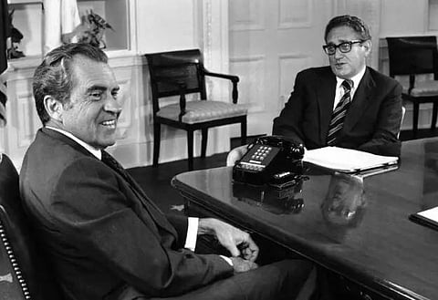 President Richard Nixon with his foreign affairs adviser Henry Kissinger in his White House office in Washington (File Photo | AP)