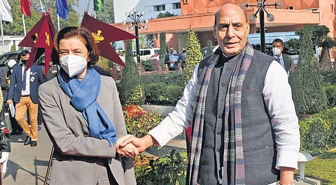 Defence minister Rajath Singh with his French counterpart Florence Parly upon her arrival for a joint military guard of honour on Friday. (Photo | Shekhar Yadav/EPS)