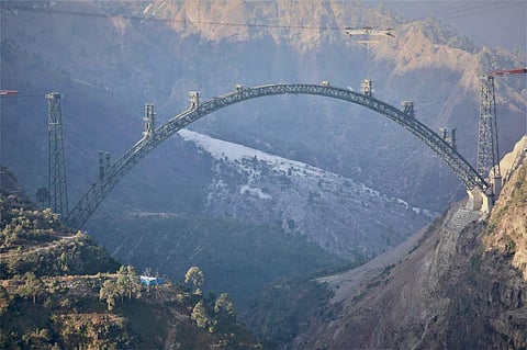 The world's highest rail bridge being constructed across Chenab River in J&K. (Photo | Twitter)