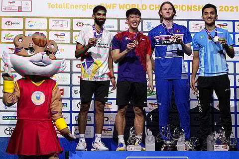From left, silver medalist India's Kidambi Srikanth, gold medalist Singapore's Loh Kean Yew, bronze mefdalist Denmark's Anders Antonsen and bronze medalist India's Lakshya Sen pose. (Photo | AP)