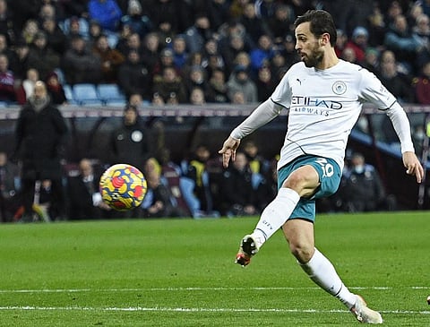 Manchester City midfielder Bernardo Silva shoots to score goal during EPL match against Aston Villa at Villa Park in Birmingham, England on December 1, 2021. (Photo | AP)