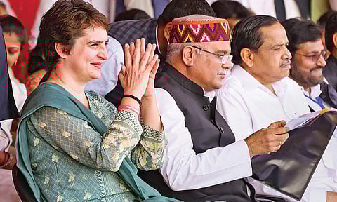 AICC general secretary Priyanka Gandhi Vadra during a recent public meeting in Mahoba, UP, as part of the grand old party’s pre-poll preparations. (File Photo)