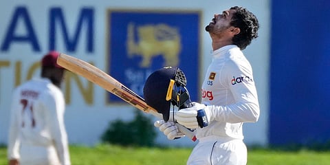 Sri Lanka's Dhananjaya de Silva celebrates scoring a century against West Indies during Day 4 of the 2nd Test match in Galle. (Photo| AP)