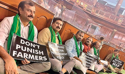 TRS MPs staging a protest in Parliament on Wednesday, Dec 1, 2021.