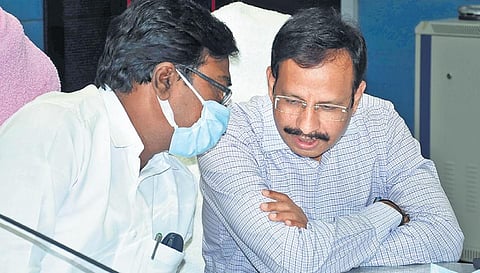 Transport Minister Puvvada Ajay Kumar and TSRTC MD Sajjanar during a media conference to announce  the proposed hike of ticket fare, in Hyderabad on Wednesday, Dec1, 2021. (Photo | EPS, R V K Rao)