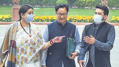 Ministers Smriti Irani, Kiren Rijiju and Anurag Thakur after a cabinet meet.