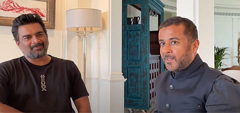 R. Madhavan (L) Chetan Bhagat (R) (Photo | Youtube screengrab)