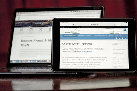 FILE - Web pages used to show information for collecting unemployment insurance in Virginia, right, and reporting fraud and identity theft in Pennsylvania, are displayed. (AP)